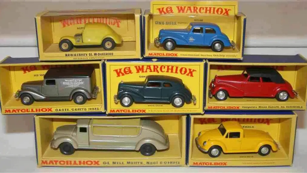 Matchbox cars in their original boxes.