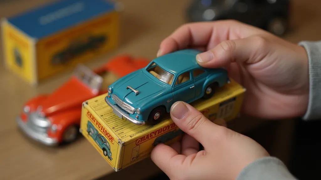 Collector carefully examining Matchbox car and box
