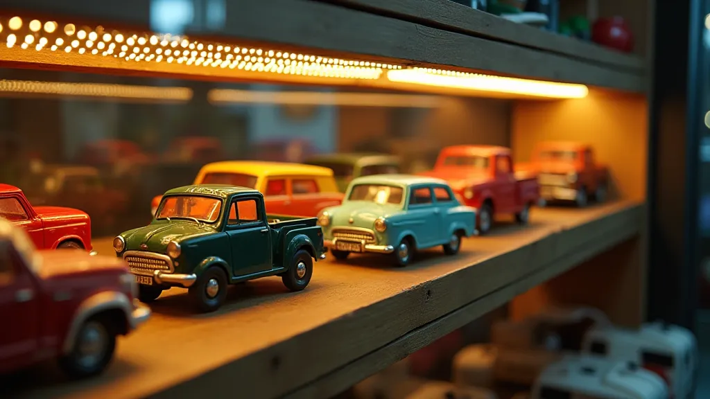 Vintage Matchbox cars in a display case