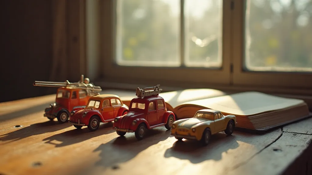 Vintage Matchbox car collection on a wooden table