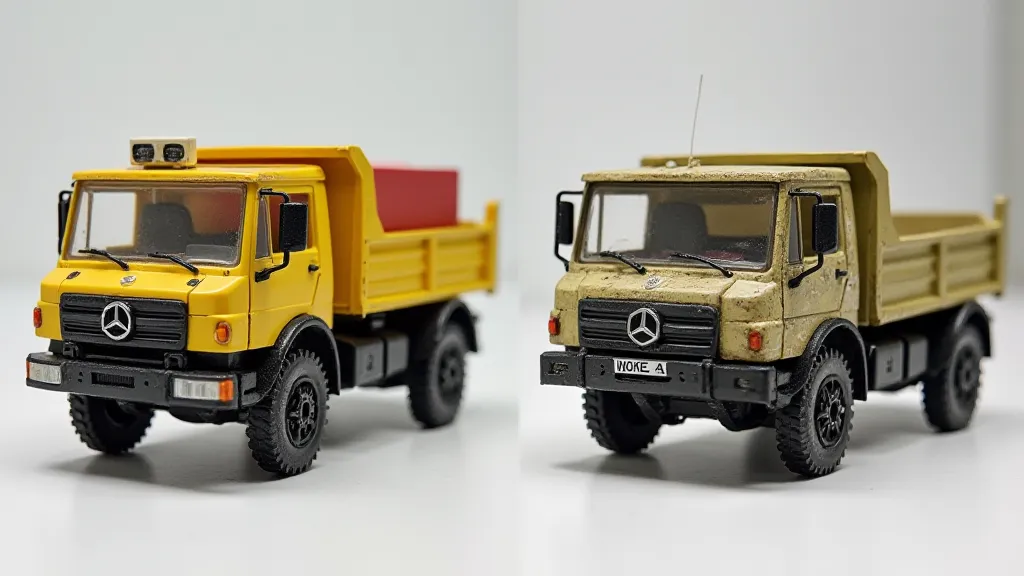 Comparison of a mint and damaged Matchbox Super Kings Unimog.